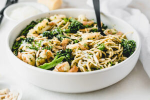 Easy Pesto Pasta with Shrimp and Broccolini
